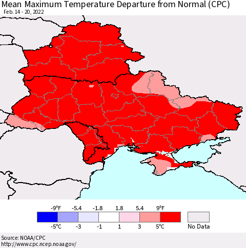 Ukraine, Moldova and Belarus Mean Maximum Temperature Departure from Normal (CPC) Thematic Map For 2/14/2022 - 2/20/2022