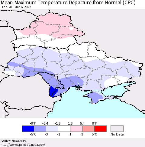 Ukraine, Moldova and Belarus Mean Maximum Temperature Departure from Normal (CPC) Thematic Map For 2/28/2022 - 3/6/2022