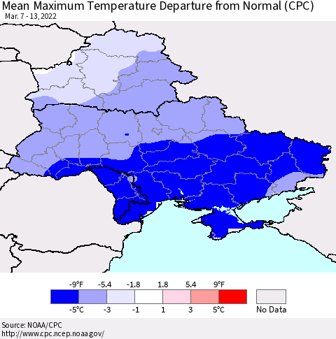 Ukraine, Moldova and Belarus Mean Maximum Temperature Departure from Normal (CPC) Thematic Map For 3/7/2022 - 3/13/2022