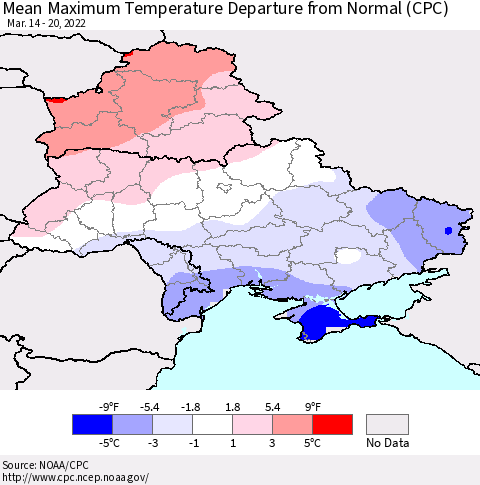 Ukraine, Moldova and Belarus Mean Maximum Temperature Departure from Normal (CPC) Thematic Map For 3/14/2022 - 3/20/2022