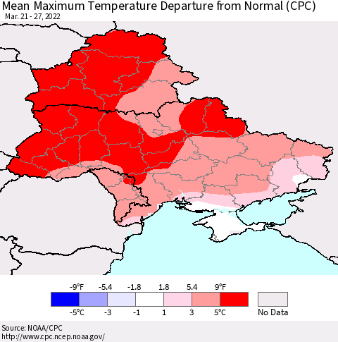 Ukraine, Moldova and Belarus Mean Maximum Temperature Departure from Normal (CPC) Thematic Map For 3/21/2022 - 3/27/2022