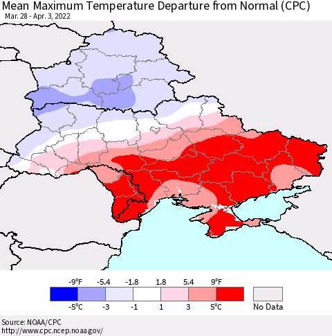 Ukraine, Moldova and Belarus Mean Maximum Temperature Departure from Normal (CPC) Thematic Map For 3/28/2022 - 4/3/2022