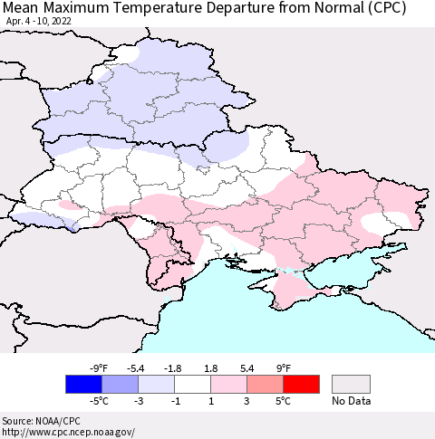 Ukraine, Moldova and Belarus Mean Maximum Temperature Departure from Normal (CPC) Thematic Map For 4/4/2022 - 4/10/2022
