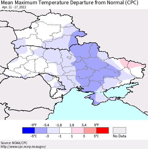 Ukraine, Moldova and Belarus Mean Maximum Temperature Departure from Normal (CPC) Thematic Map For 4/11/2022 - 4/17/2022