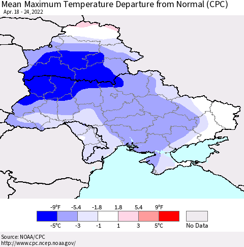 Ukraine, Moldova and Belarus Mean Maximum Temperature Departure from Normal (CPC) Thematic Map For 4/18/2022 - 4/24/2022