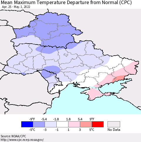 Ukraine, Moldova and Belarus Mean Maximum Temperature Departure from Normal (CPC) Thematic Map For 4/25/2022 - 5/1/2022