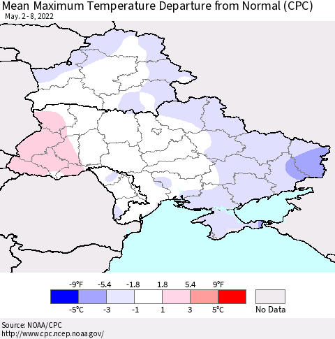 Ukraine, Moldova and Belarus Mean Maximum Temperature Departure from Normal (CPC) Thematic Map For 5/2/2022 - 5/8/2022
