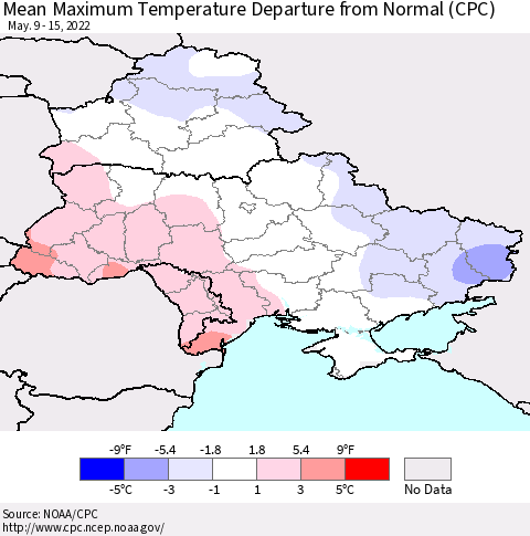 Ukraine, Moldova and Belarus Mean Maximum Temperature Departure from Normal (CPC) Thematic Map For 5/9/2022 - 5/15/2022
