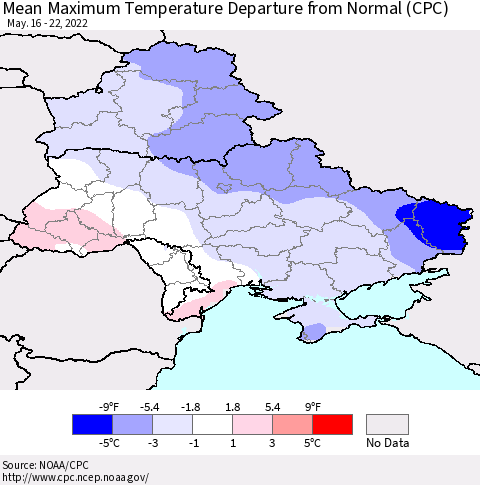 Ukraine, Moldova and Belarus Mean Maximum Temperature Departure from Normal (CPC) Thematic Map For 5/16/2022 - 5/22/2022