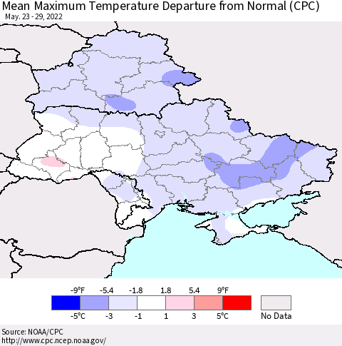 Ukraine, Moldova and Belarus Mean Maximum Temperature Departure from Normal (CPC) Thematic Map For 5/23/2022 - 5/29/2022