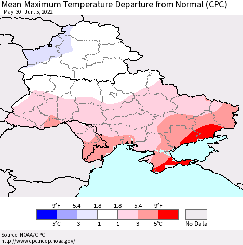 Ukraine, Moldova and Belarus Mean Maximum Temperature Departure from Normal (CPC) Thematic Map For 5/30/2022 - 6/5/2022