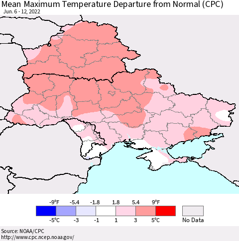 Ukraine, Moldova and Belarus Mean Maximum Temperature Departure from Normal (CPC) Thematic Map For 6/6/2022 - 6/12/2022