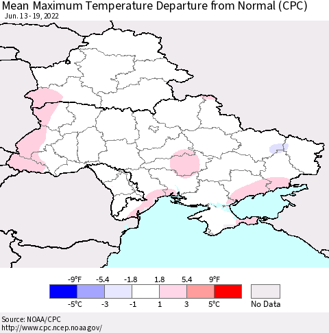 Ukraine, Moldova and Belarus Mean Maximum Temperature Departure from Normal (CPC) Thematic Map For 6/13/2022 - 6/19/2022