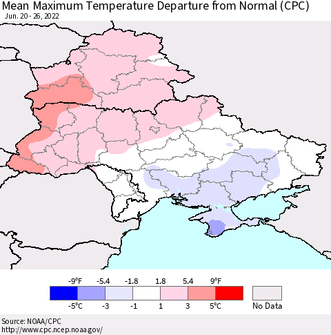 Ukraine, Moldova and Belarus Mean Maximum Temperature Departure from Normal (CPC) Thematic Map For 6/20/2022 - 6/26/2022