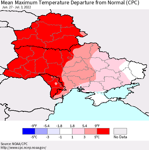 Ukraine, Moldova and Belarus Mean Maximum Temperature Departure from Normal (CPC) Thematic Map For 6/27/2022 - 7/3/2022