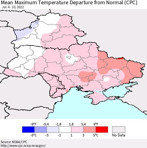 Ukraine, Moldova and Belarus Mean Maximum Temperature Departure from Normal (CPC) Thematic Map For 7/4/2022 - 7/10/2022