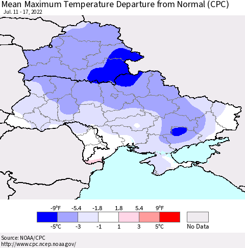 Ukraine, Moldova and Belarus Mean Maximum Temperature Departure from Normal (CPC) Thematic Map For 7/11/2022 - 7/17/2022