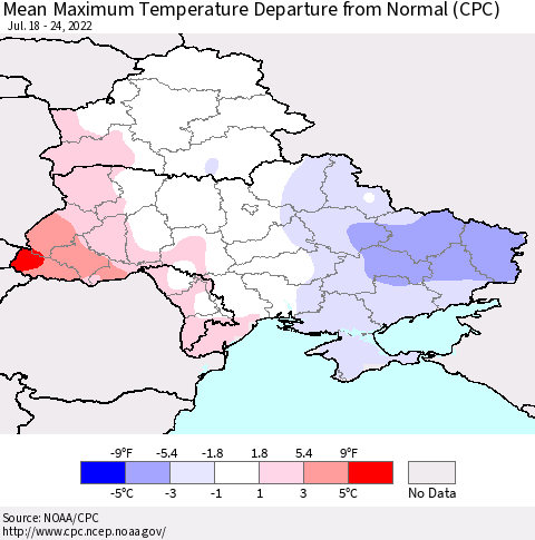 Ukraine, Moldova and Belarus Mean Maximum Temperature Departure from Normal (CPC) Thematic Map For 7/18/2022 - 7/24/2022