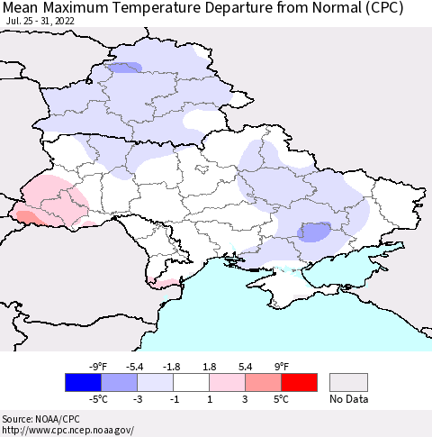 Ukraine, Moldova and Belarus Mean Maximum Temperature Departure from Normal (CPC) Thematic Map For 7/25/2022 - 7/31/2022