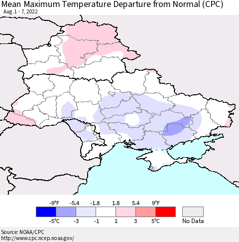 Ukraine, Moldova and Belarus Mean Maximum Temperature Departure from Normal (CPC) Thematic Map For 8/1/2022 - 8/7/2022