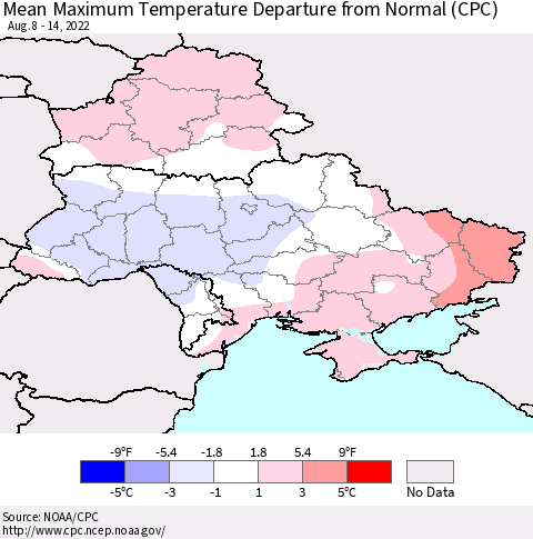 Ukraine, Moldova and Belarus Mean Maximum Temperature Departure from Normal (CPC) Thematic Map For 8/8/2022 - 8/14/2022