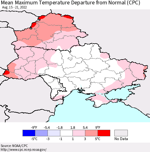 Ukraine, Moldova and Belarus Mean Maximum Temperature Departure from Normal (CPC) Thematic Map For 8/15/2022 - 8/21/2022
