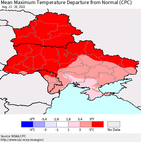 Ukraine, Moldova and Belarus Mean Maximum Temperature Departure from Normal (CPC) Thematic Map For 8/22/2022 - 8/28/2022