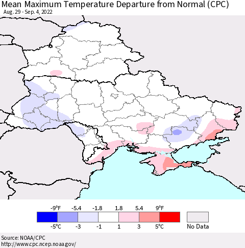 Ukraine, Moldova and Belarus Mean Maximum Temperature Departure from Normal (CPC) Thematic Map For 8/29/2022 - 9/4/2022
