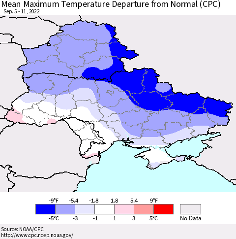 Ukraine, Moldova and Belarus Mean Maximum Temperature Departure from Normal (CPC) Thematic Map For 9/5/2022 - 9/11/2022