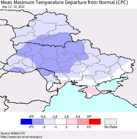 Ukraine, Moldova and Belarus Mean Maximum Temperature Departure from Normal (CPC) Thematic Map For 9/12/2022 - 9/18/2022