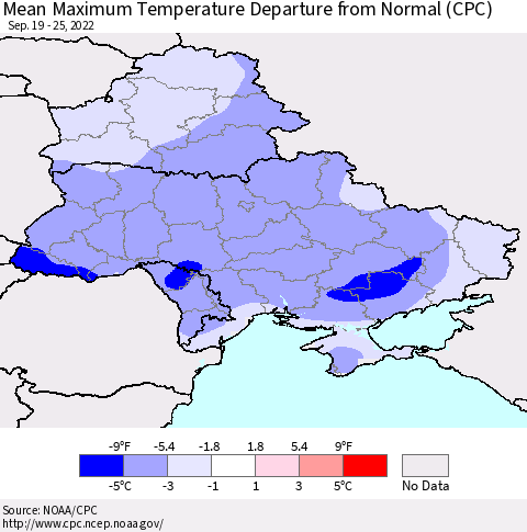 Ukraine, Moldova and Belarus Mean Maximum Temperature Departure from Normal (CPC) Thematic Map For 9/19/2022 - 9/25/2022
