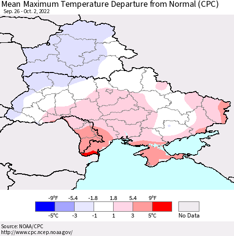 Ukraine, Moldova and Belarus Mean Maximum Temperature Departure from Normal (CPC) Thematic Map For 9/26/2022 - 10/2/2022