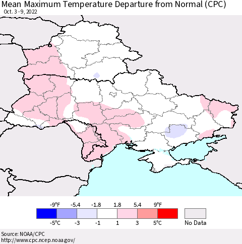 Ukraine, Moldova and Belarus Mean Maximum Temperature Departure from Normal (CPC) Thematic Map For 10/3/2022 - 10/9/2022