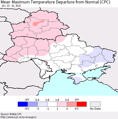 Ukraine, Moldova and Belarus Mean Maximum Temperature Departure from Normal (CPC) Thematic Map For 10/10/2022 - 10/16/2022