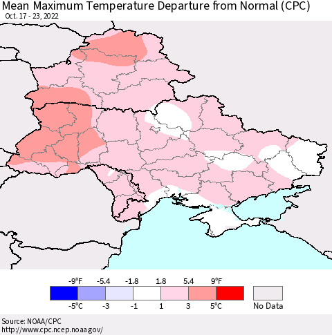 Ukraine, Moldova and Belarus Mean Maximum Temperature Departure from Normal (CPC) Thematic Map For 10/17/2022 - 10/23/2022