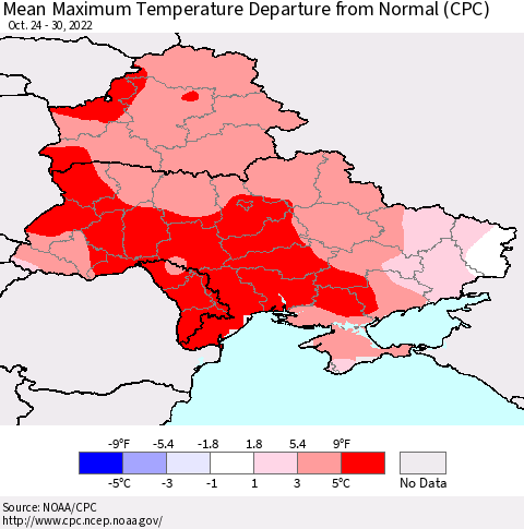 Ukraine, Moldova and Belarus Mean Maximum Temperature Departure from Normal (CPC) Thematic Map For 10/24/2022 - 10/30/2022