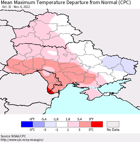Ukraine, Moldova and Belarus Mean Maximum Temperature Departure from Normal (CPC) Thematic Map For 10/31/2022 - 11/6/2022
