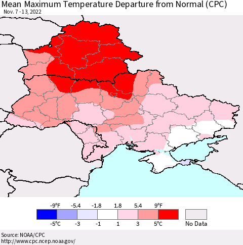 Ukraine, Moldova and Belarus Mean Maximum Temperature Departure from Normal (CPC) Thematic Map For 11/7/2022 - 11/13/2022