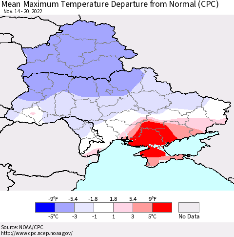 Ukraine, Moldova and Belarus Mean Maximum Temperature Departure from Normal (CPC) Thematic Map For 11/14/2022 - 11/20/2022