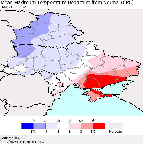 Ukraine, Moldova and Belarus Mean Maximum Temperature Departure from Normal (CPC) Thematic Map For 11/21/2022 - 11/27/2022