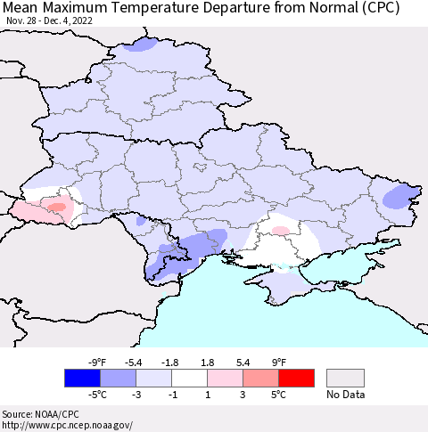 Ukraine, Moldova and Belarus Mean Maximum Temperature Departure from Normal (CPC) Thematic Map For 11/28/2022 - 12/4/2022