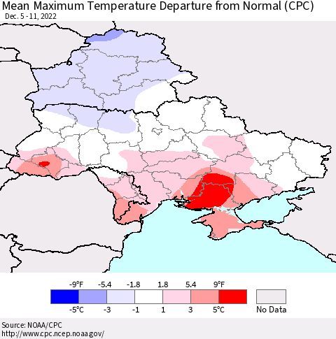 Ukraine, Moldova and Belarus Mean Maximum Temperature Departure from Normal (CPC) Thematic Map For 12/5/2022 - 12/11/2022