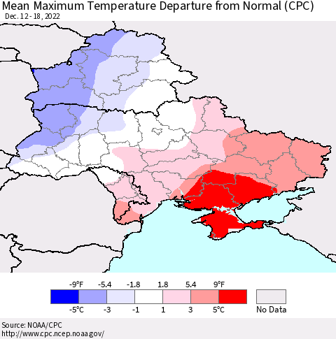 Ukraine, Moldova and Belarus Mean Maximum Temperature Departure from Normal (CPC) Thematic Map For 12/12/2022 - 12/18/2022