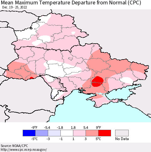 Ukraine, Moldova and Belarus Mean Maximum Temperature Departure from Normal (CPC) Thematic Map For 12/19/2022 - 12/25/2022