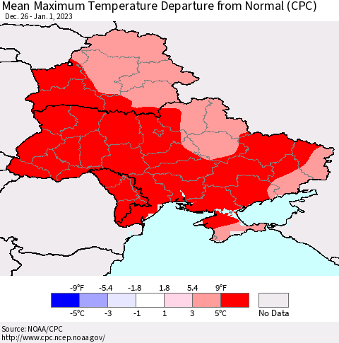 Ukraine, Moldova and Belarus Mean Maximum Temperature Departure from Normal (CPC) Thematic Map For 12/26/2022 - 1/1/2023