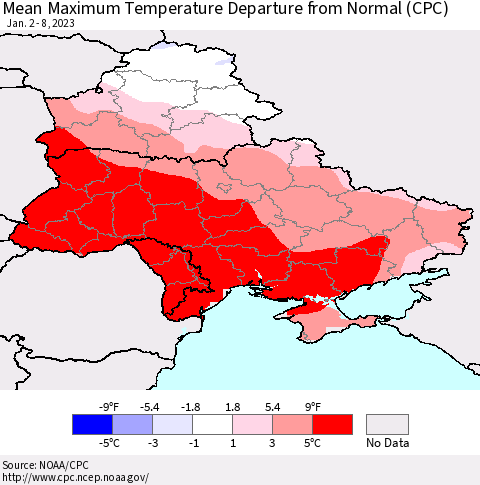 Ukraine, Moldova and Belarus Mean Maximum Temperature Departure from Normal (CPC) Thematic Map For 1/2/2023 - 1/8/2023