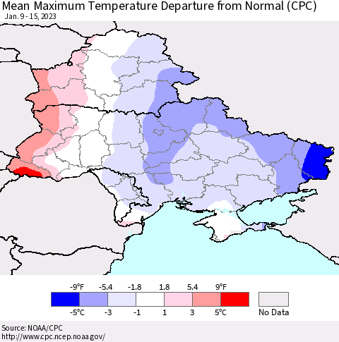 Ukraine, Moldova and Belarus Mean Maximum Temperature Departure from Normal (CPC) Thematic Map For 1/9/2023 - 1/15/2023