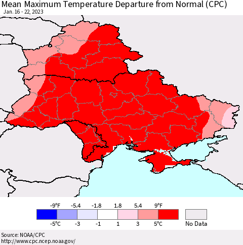Ukraine, Moldova and Belarus Mean Maximum Temperature Departure from Normal (CPC) Thematic Map For 1/16/2023 - 1/22/2023