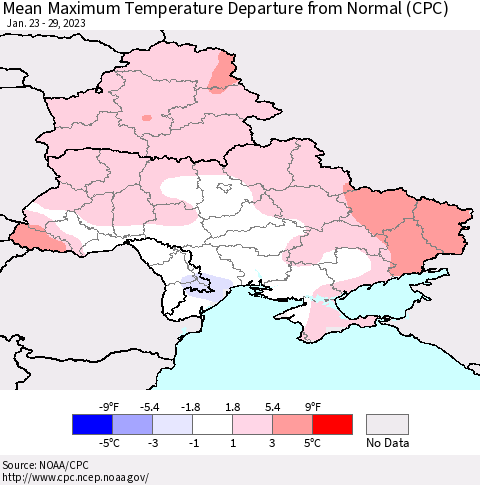 Ukraine, Moldova and Belarus Mean Maximum Temperature Departure from Normal (CPC) Thematic Map For 1/23/2023 - 1/29/2023