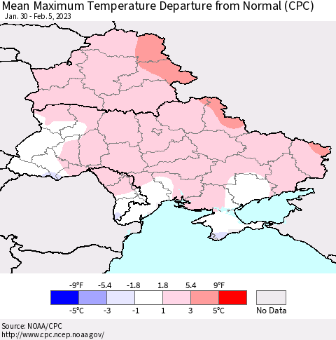 Ukraine, Moldova and Belarus Mean Maximum Temperature Departure from Normal (CPC) Thematic Map For 1/30/2023 - 2/5/2023